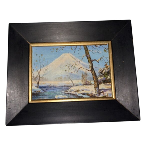 Set Of 4 Hand-Painted Mount Fuji Seasonal Scenes in Black & Gold Wooden Frames - Picture 5 of 16